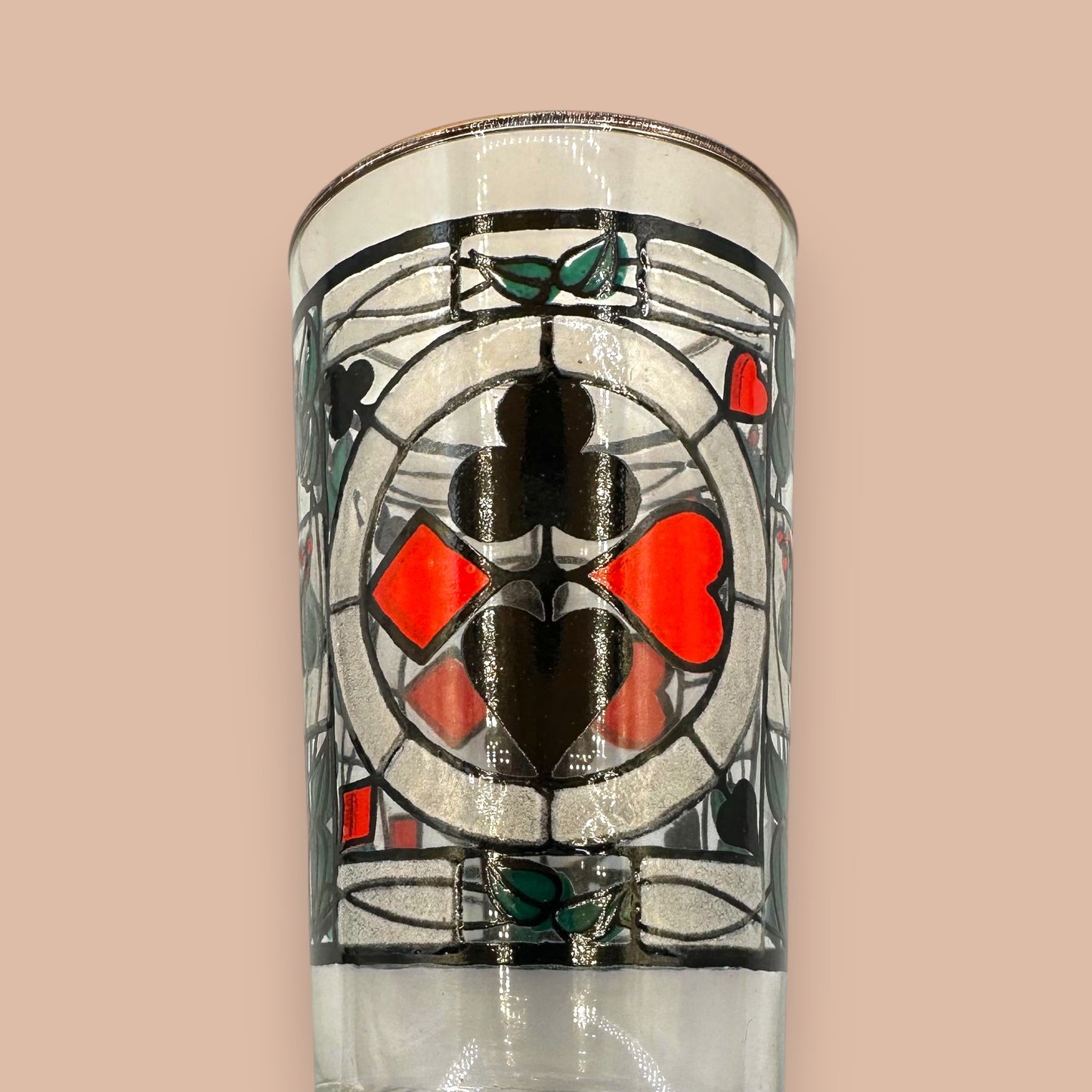 Vintage Mid-Century Stained Glass Playing Cards Highball Glasses - Set of 4