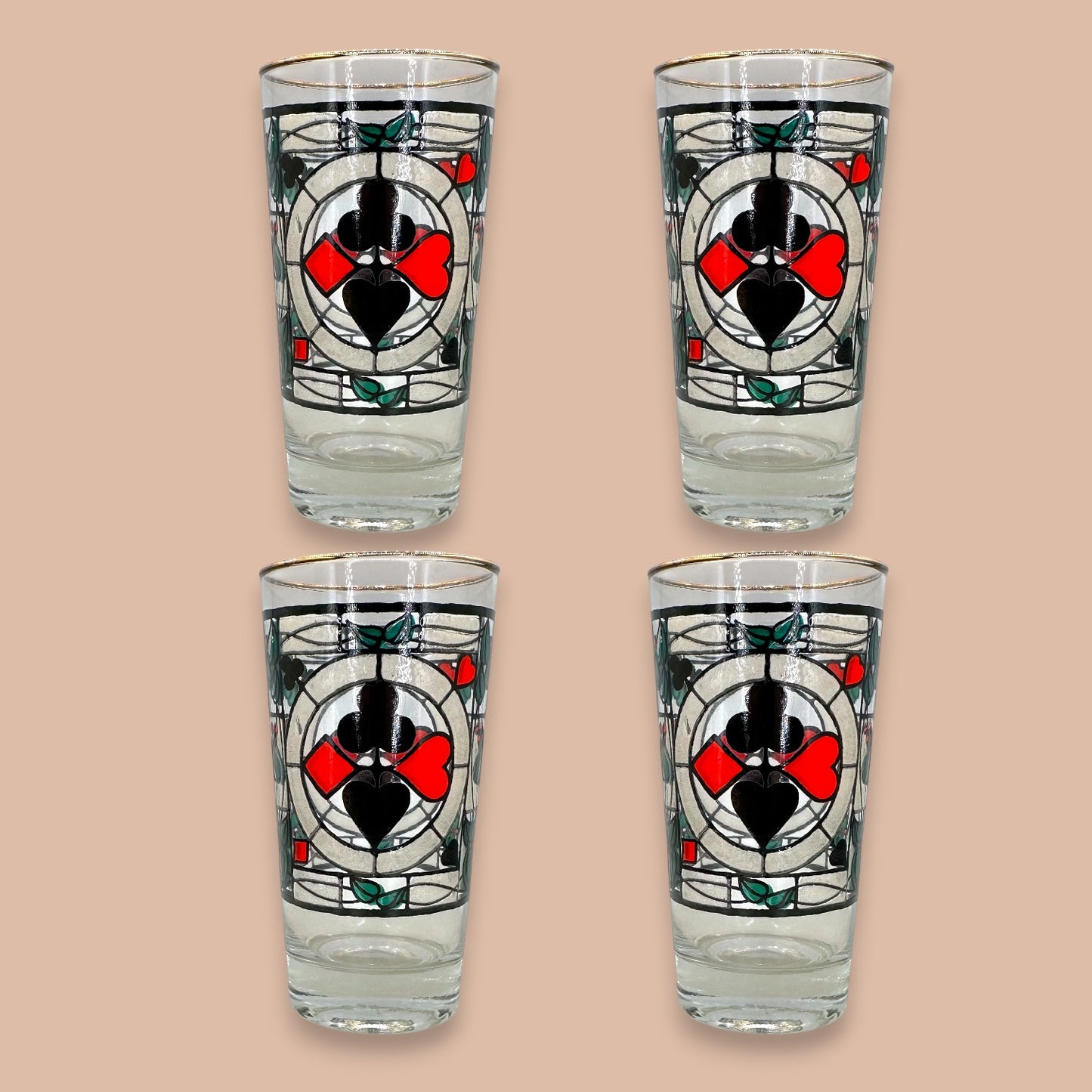 Vintage Mid-Century Stained Glass Playing Cards Highball Glasses - Set of 4