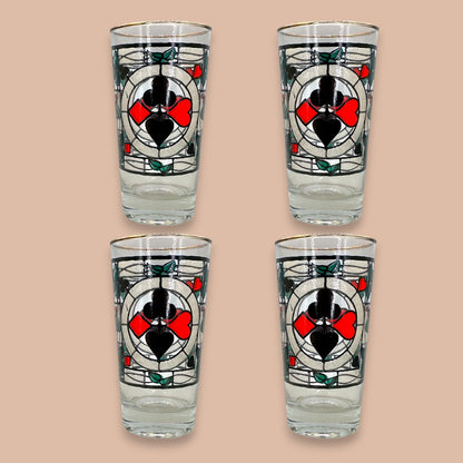 Vintage Mid-Century Stained Glass Playing Cards Highball Glasses - Set of 4