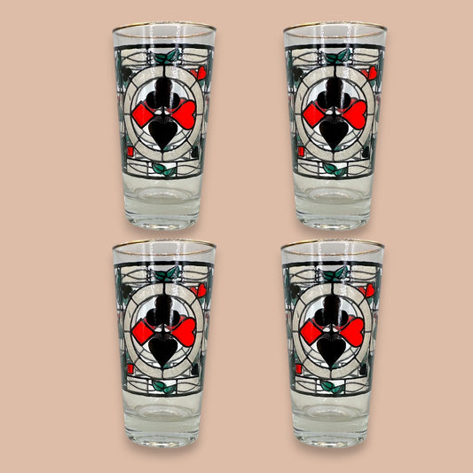 Vintage Mid-Century Stained Glass Playing Cards Highball Glasses - Set of 4
