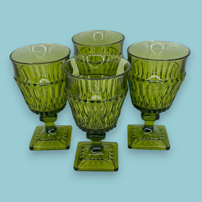 Vintage Avocado Green Diamond Point Stemmed Goblets - Set of 4
