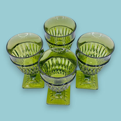 Vintage Avocado Green Diamond Point Stemmed Goblets - Set of 4
