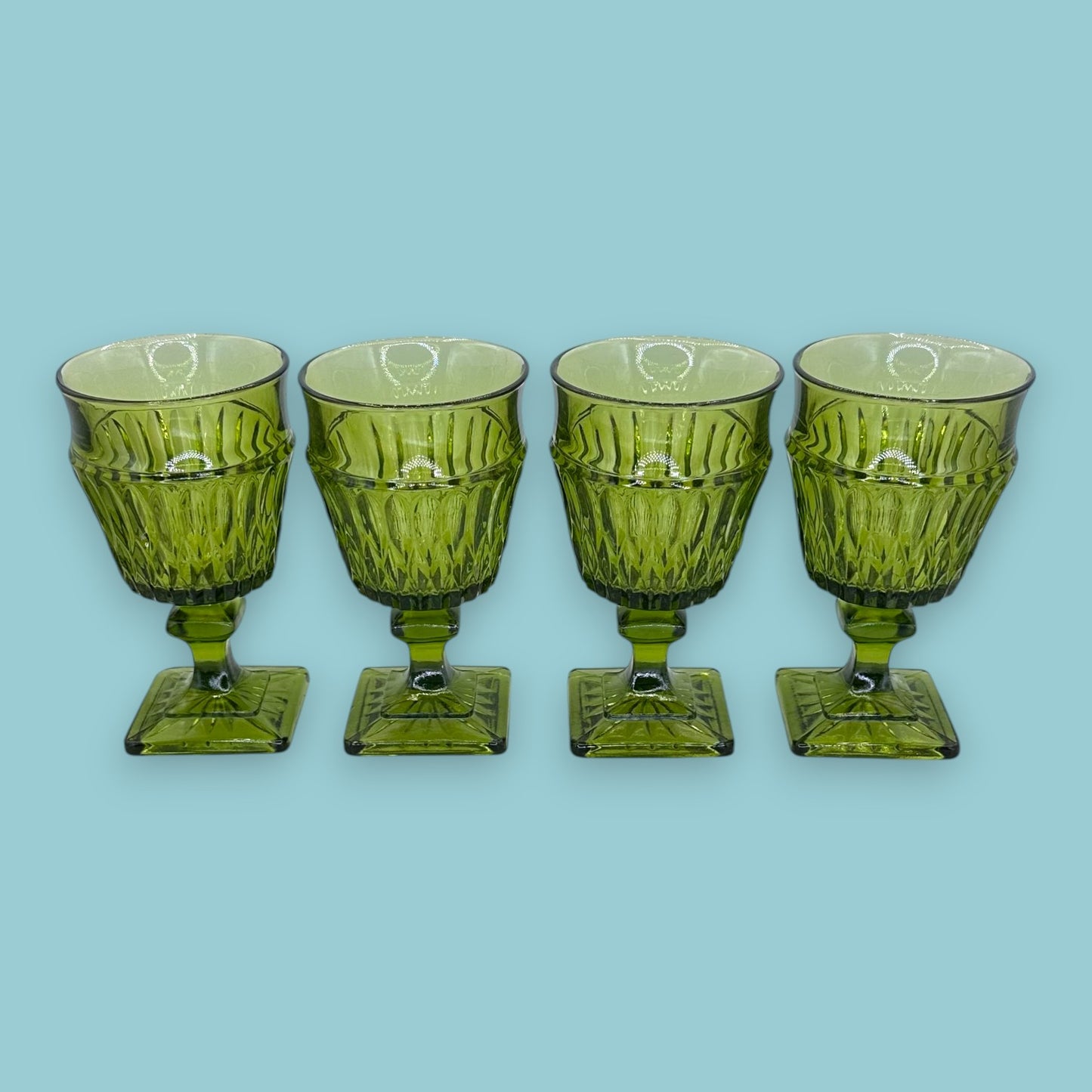 Vintage Avocado Green Diamond Point Stemmed Goblets - Set of 4