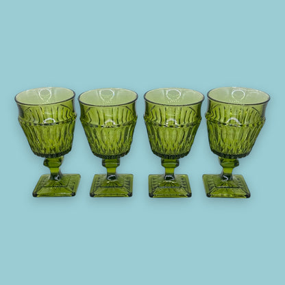 Vintage Avocado Green Diamond Point Stemmed Goblets - Set of 4