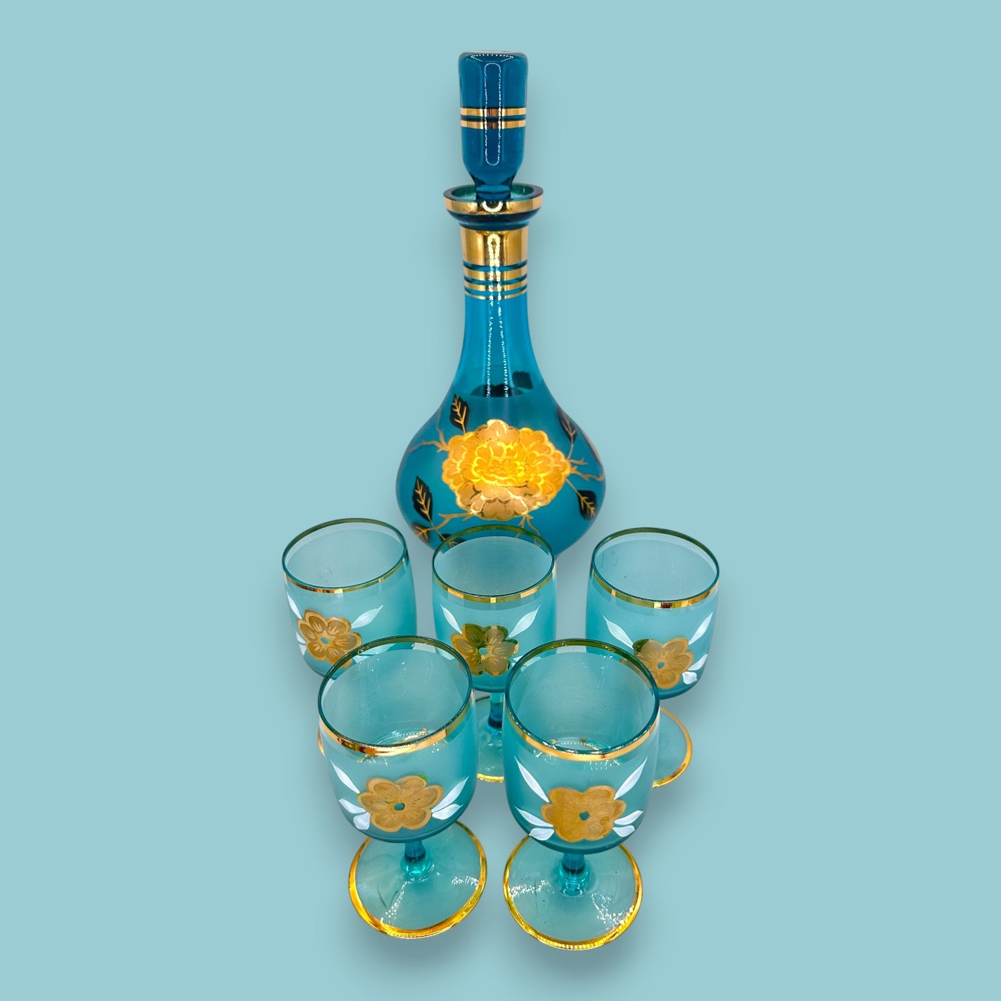 Vintage Blue Baccarat Style Decanter & Stemware Set - Floral Gold