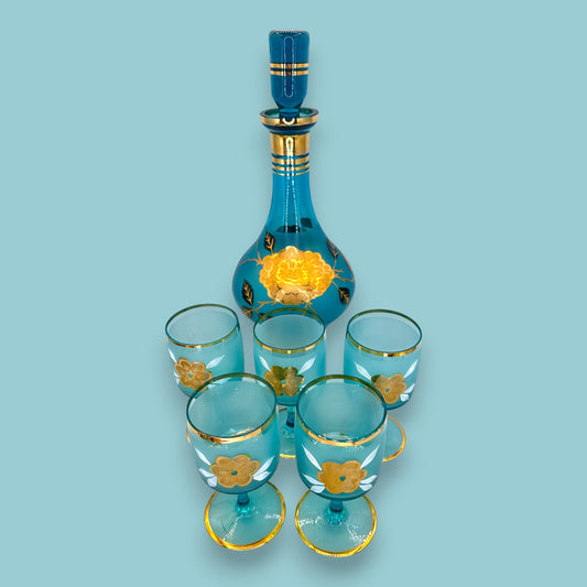Vintage Blue Baccarat Style Decanter & Stemware Set - Floral Gold