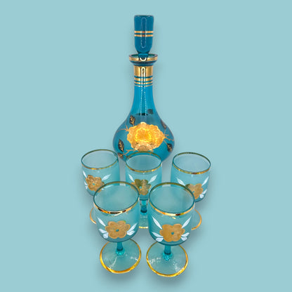 Vintage Blue Baccarat Style Decanter & Stemware Set - Floral Gold
