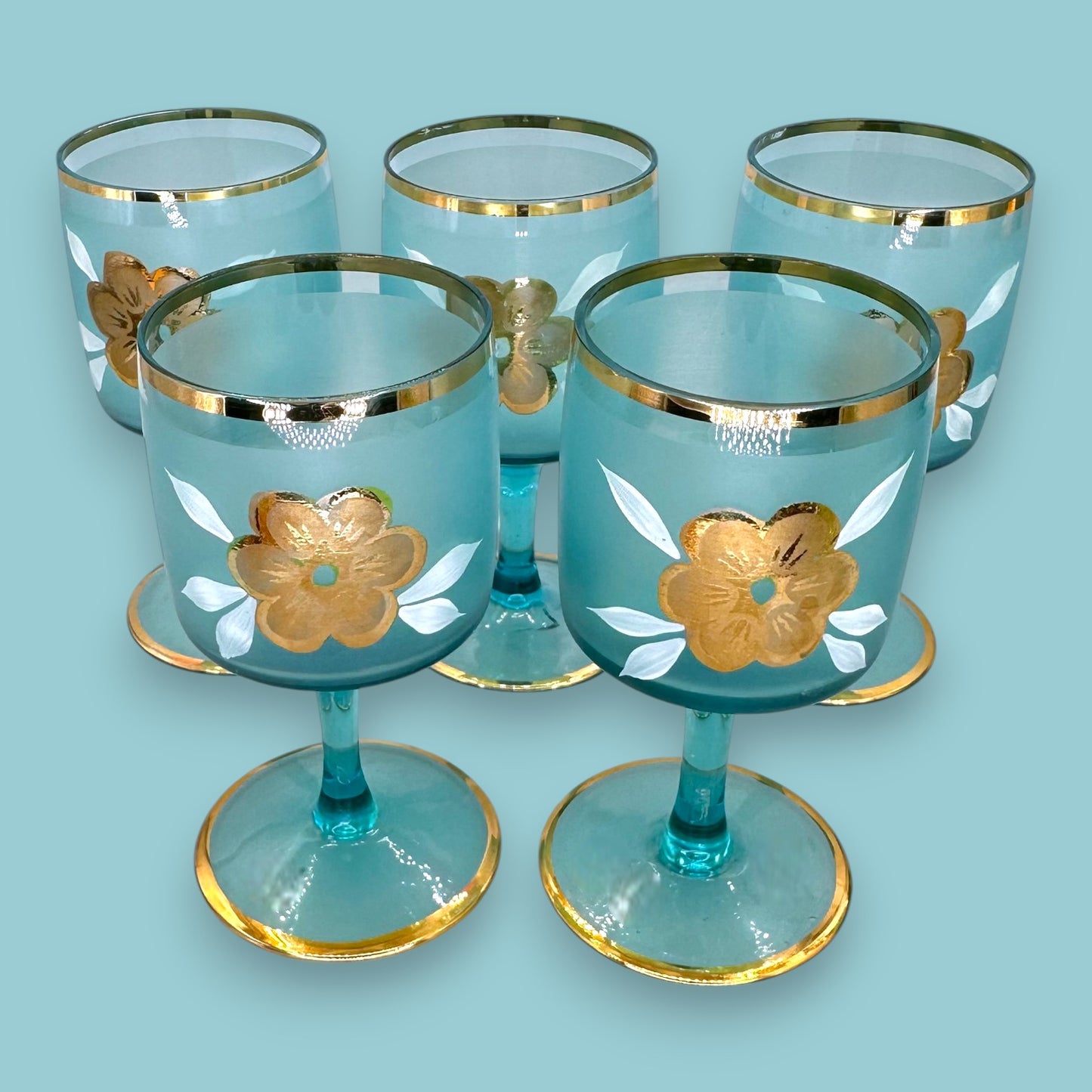 Vintage Blue Baccarat Style Decanter & Stemware Set - Floral Gold