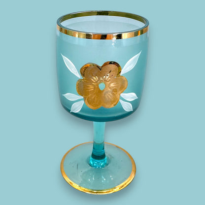 Vintage Blue Baccarat Style Decanter & Stemware Set - Floral Gold