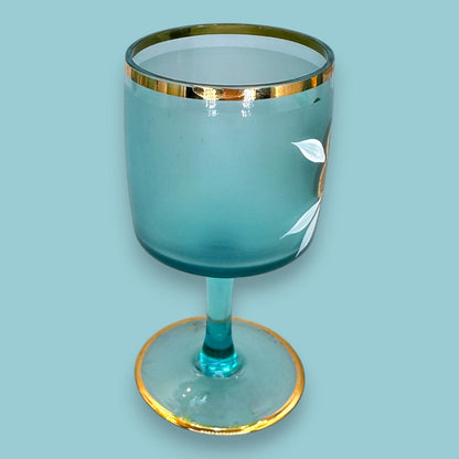 Vintage Blue Baccarat Style Decanter & Stemware Set - Floral Gold