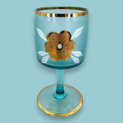 Vintage Blue Baccarat Style Decanter & Stemware Set - Floral Gold