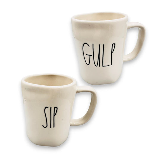 Rae Dunn White Ceramic "SIP" and "GULP" Large Mugs