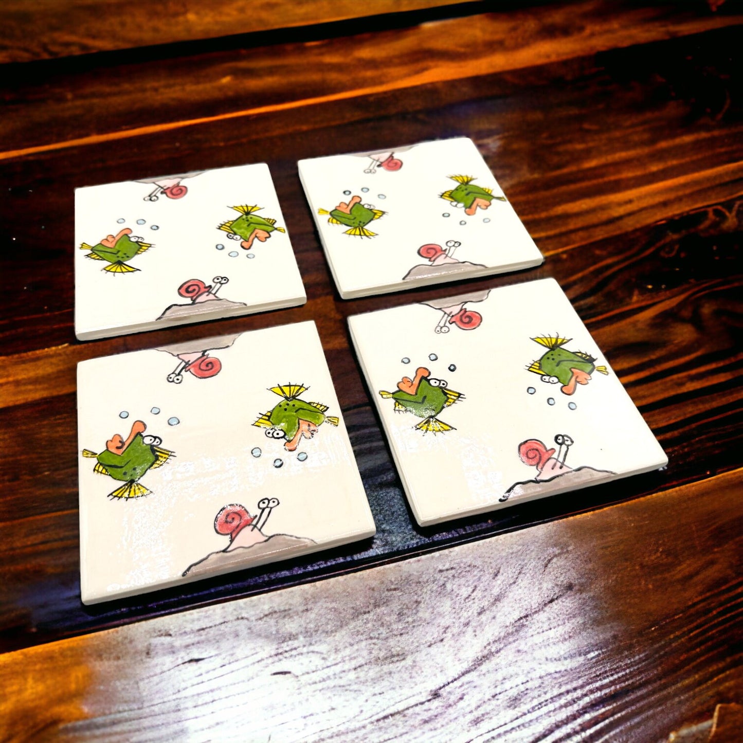 Fish & Snail Cartoon - Hand Painted Ceramic Coasters 4.5"