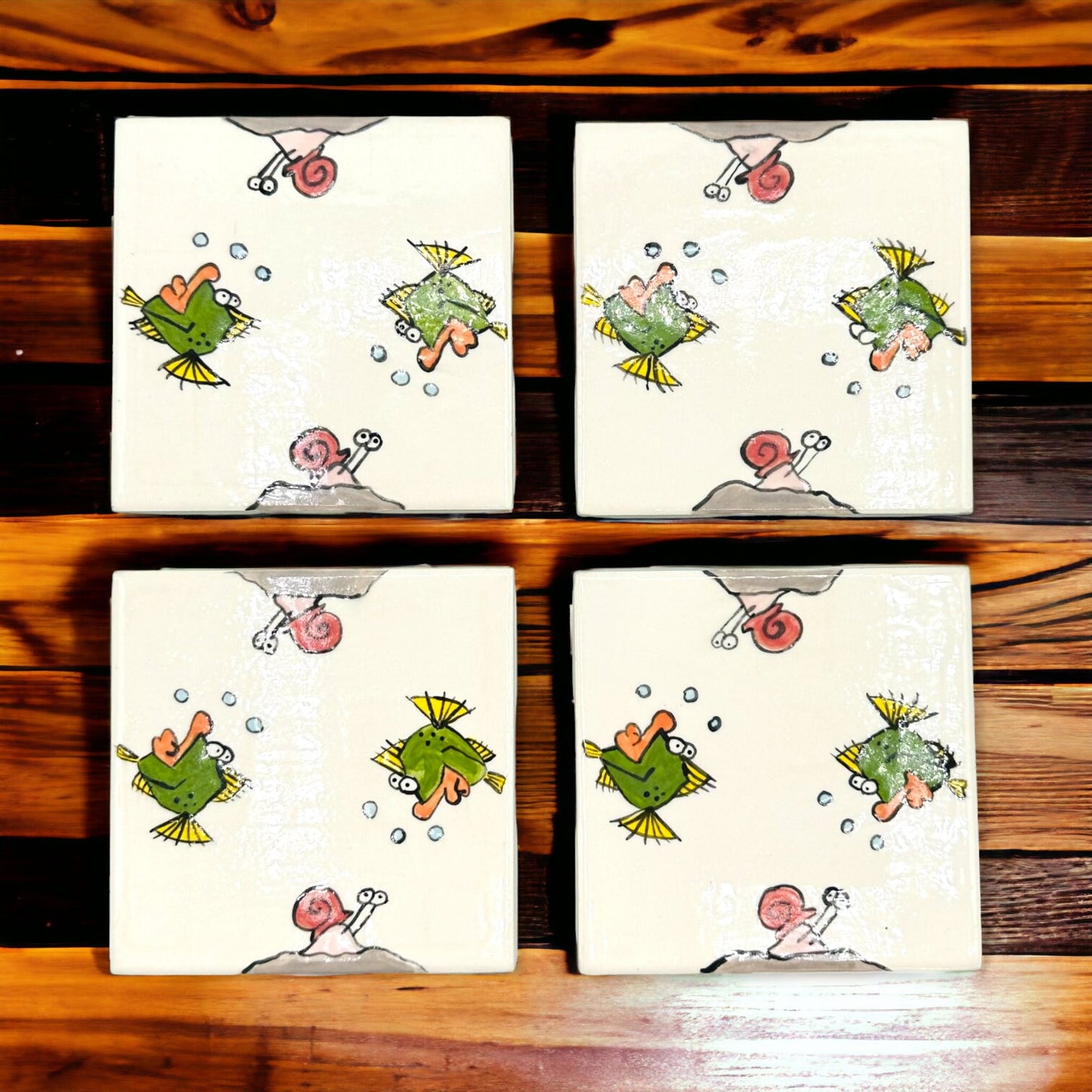 Fish & Snail Cartoon - Hand Painted Ceramic Coasters 4.5"