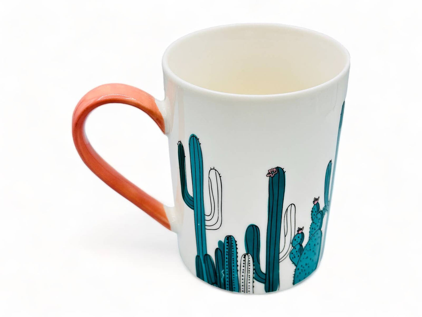 White Bone Chine Mug with Green Cacti / Cactus and Pink Handle -