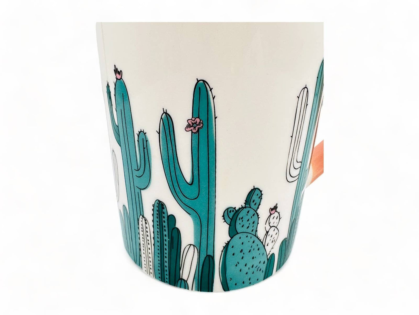 White Bone Chine Mug with Green Cacti / Cactus and Pink Handle -