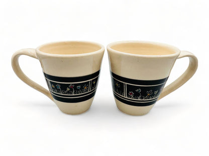 Beige Mug with Black Inverted Flower Design - Handmade Pottery Mug