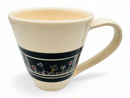 Beige Mug with Black Inverted Flower Design - Handmade Pottery Mug