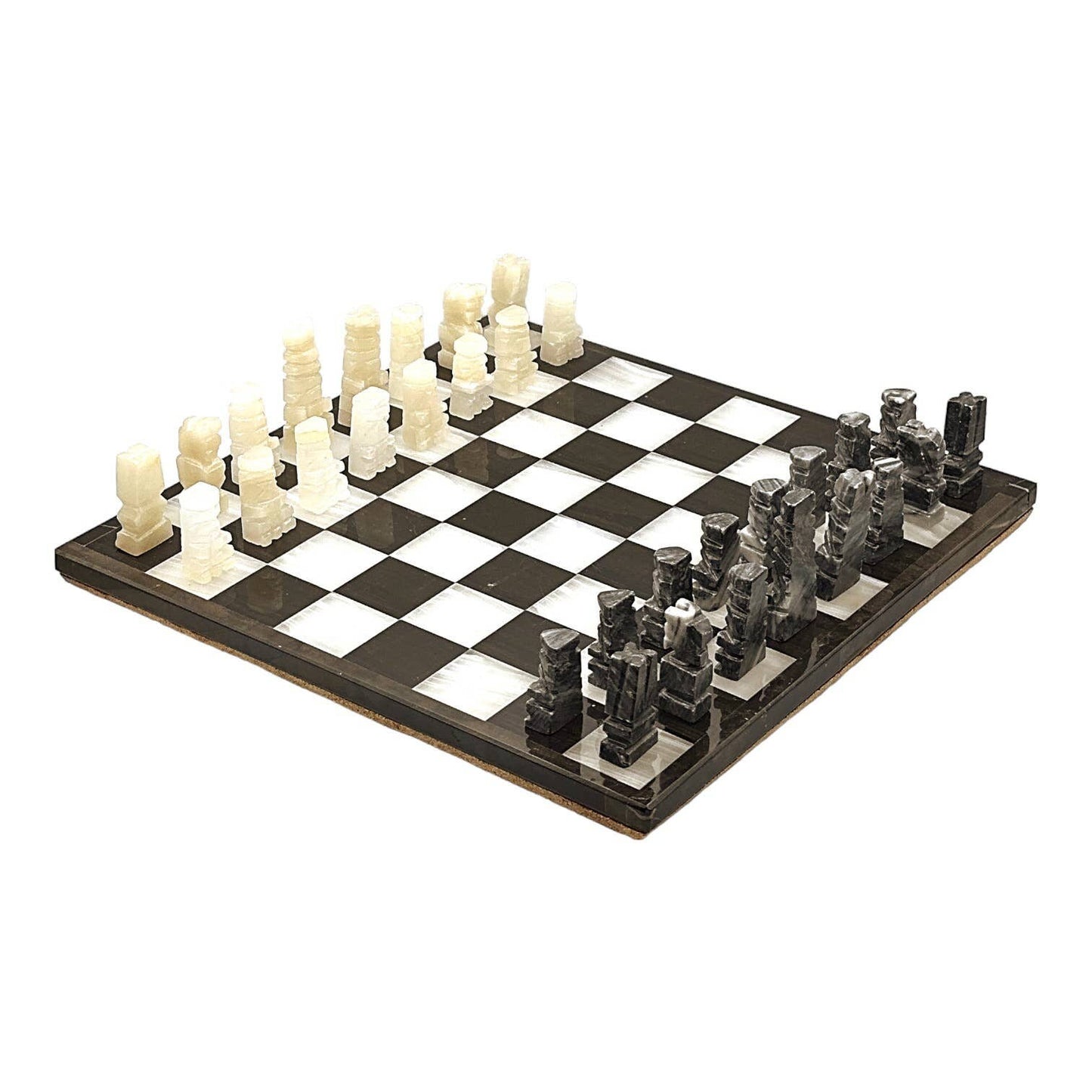 Vintage Stone Chess Pieces & Board - Alabaster Pieces - Black and White