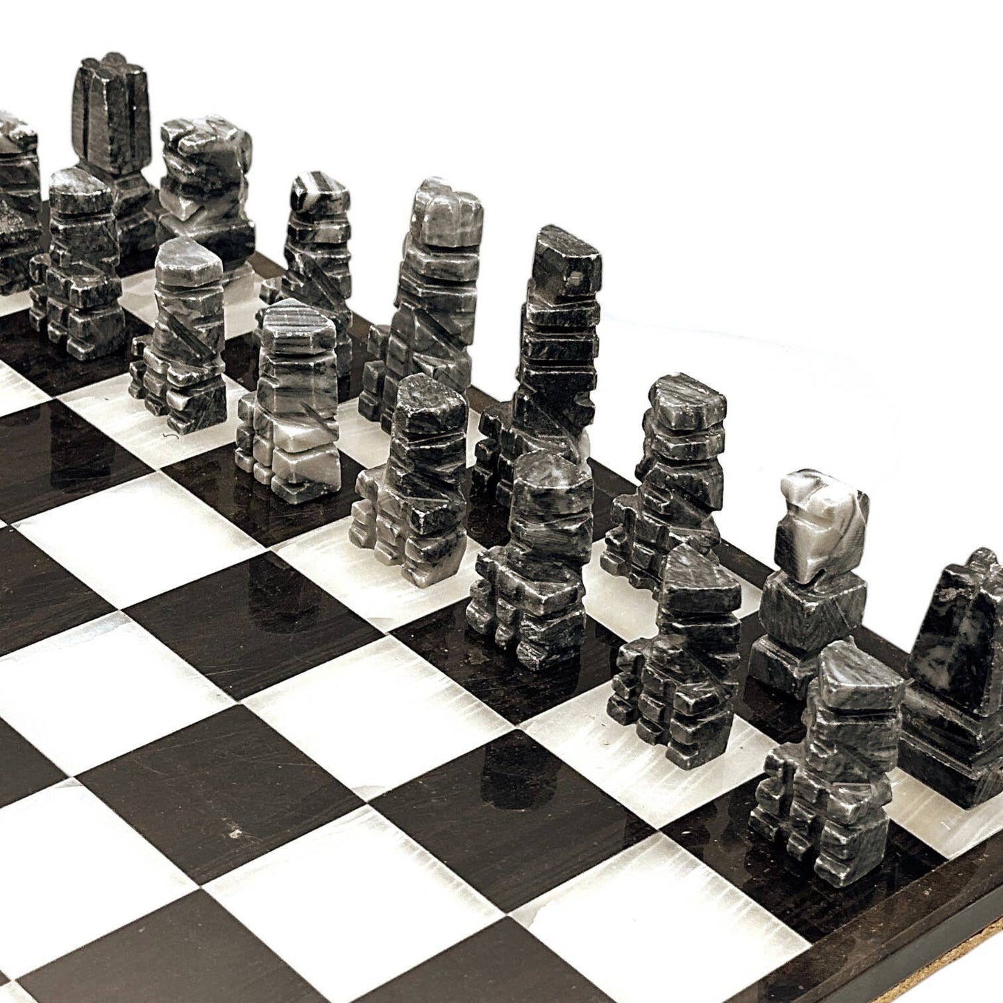 Vintage Stone Chess Pieces & Board - Alabaster Pieces - Black and White