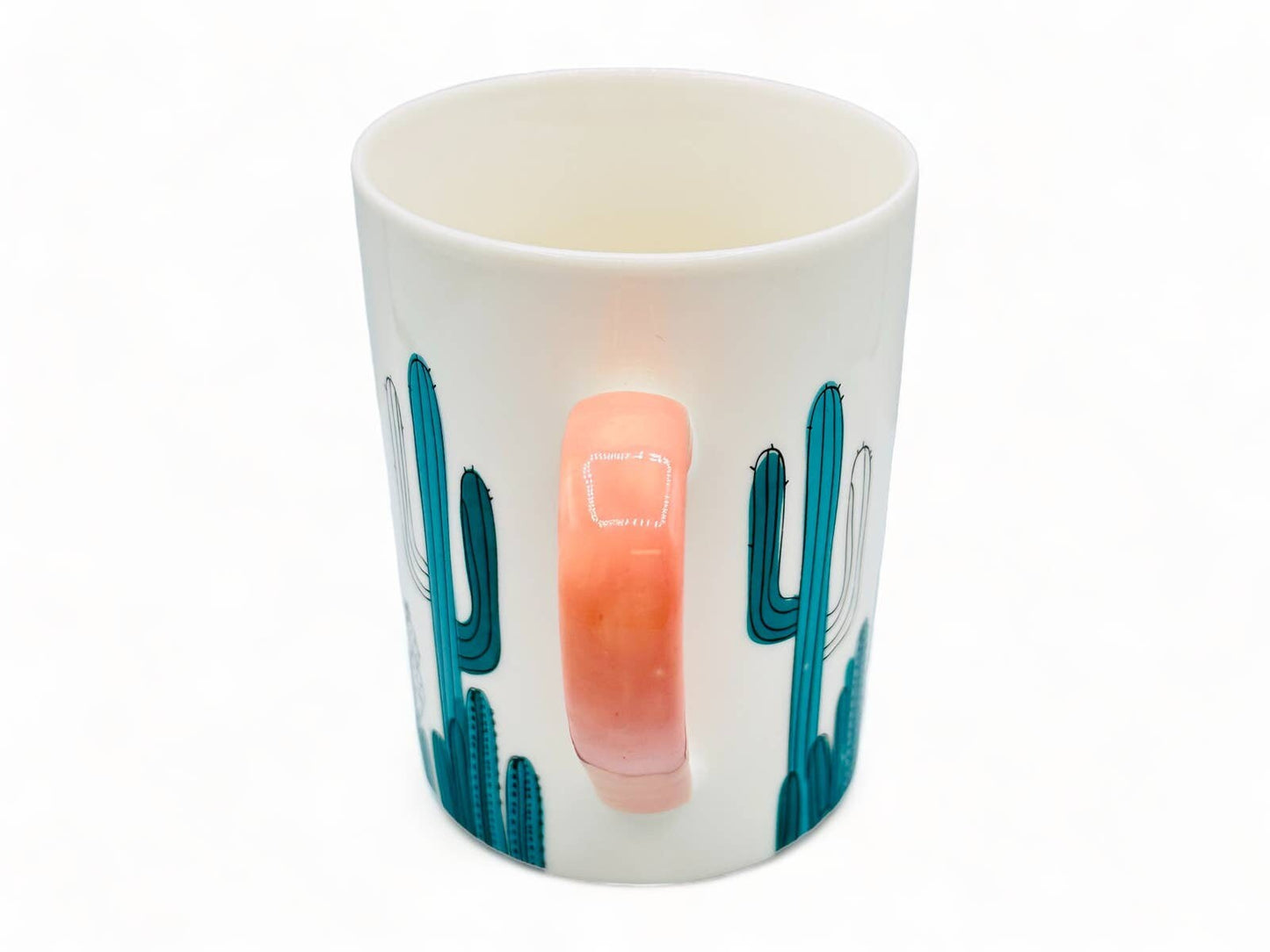 White Bone Chine Mug with Green Cacti / Cactus and Pink Handle -