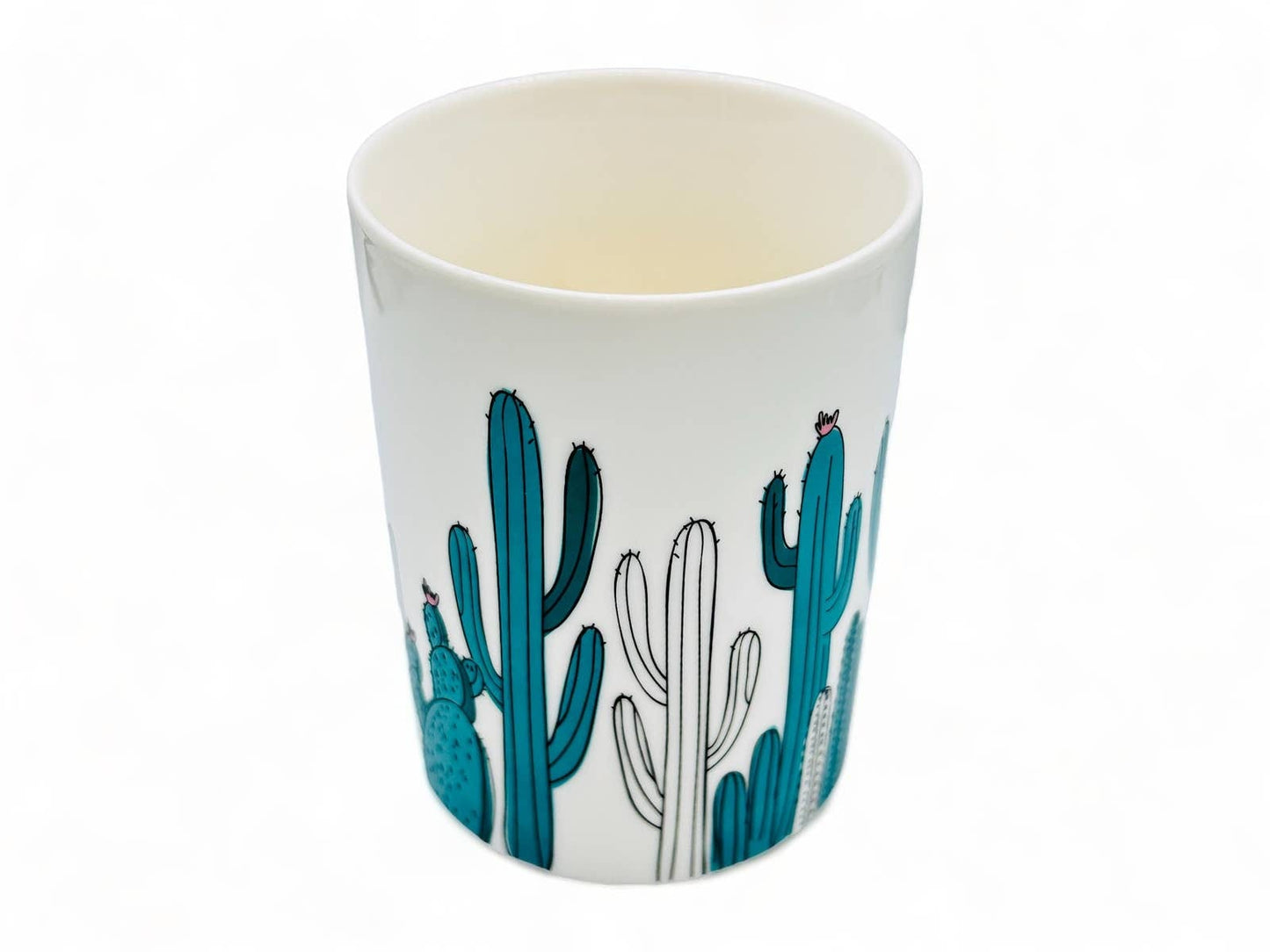 White Bone Chine Mug with Green Cacti / Cactus and Pink Handle -