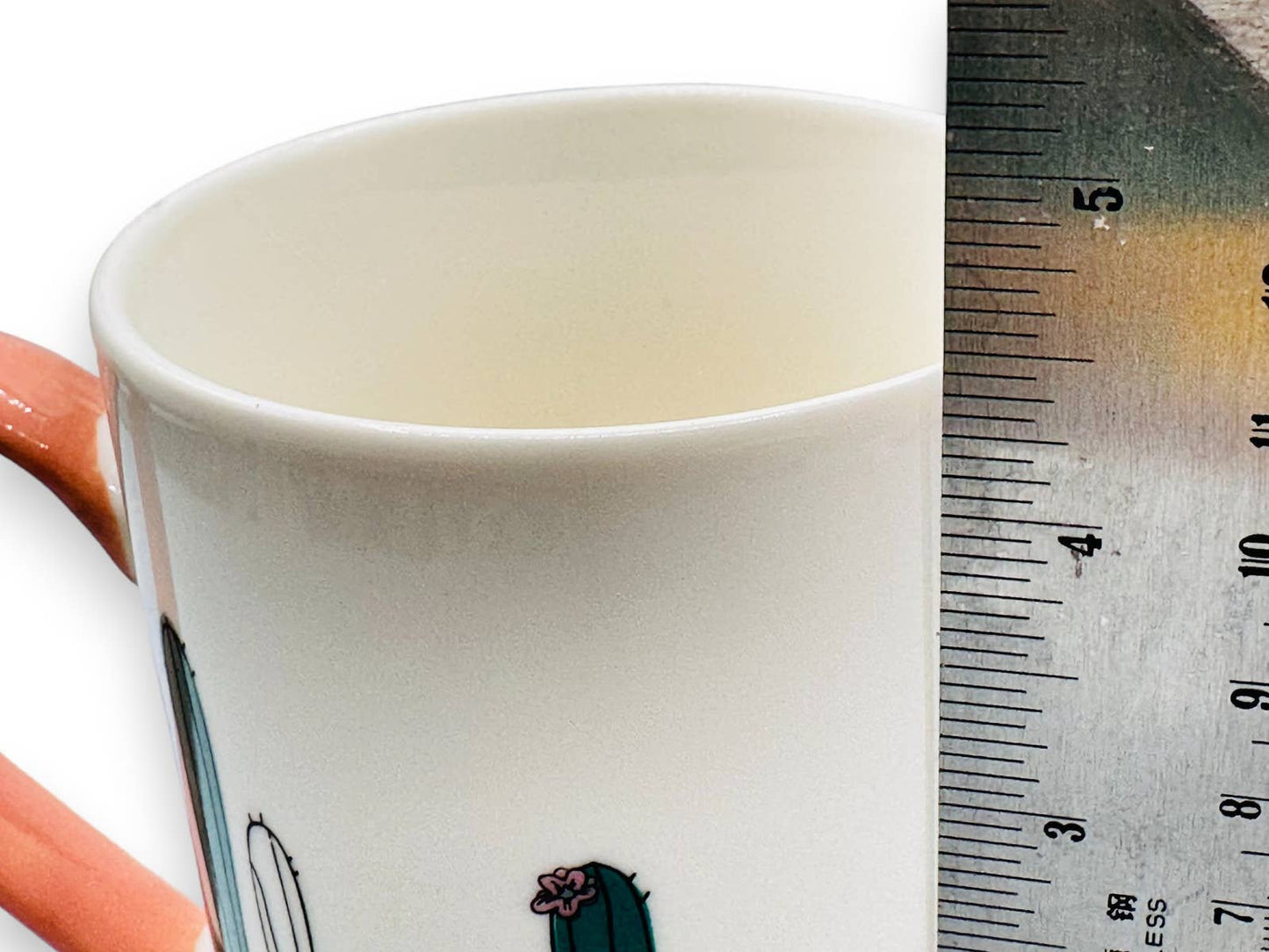 White Bone Chine Mug with Green Cacti / Cactus and Pink Handle -