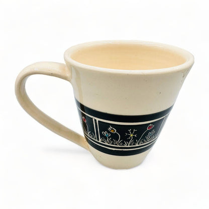 Beige Mug with Black Inverted Flower Design - Handmade Pottery Mug