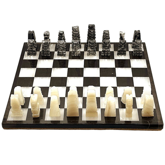 Vintage Stone Chess Pieces & Board - Alabaster Pieces - Black and White