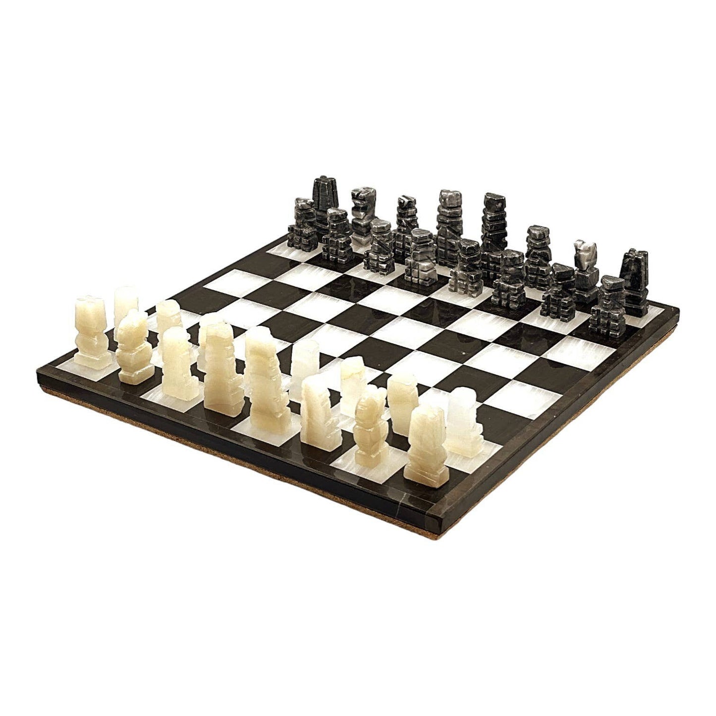 Vintage Stone Chess Pieces & Board - Alabaster Pieces - Black and White