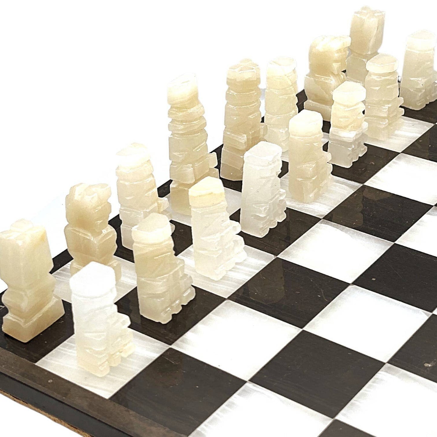 Vintage Stone Chess Pieces & Board - Alabaster Pieces - Black and White