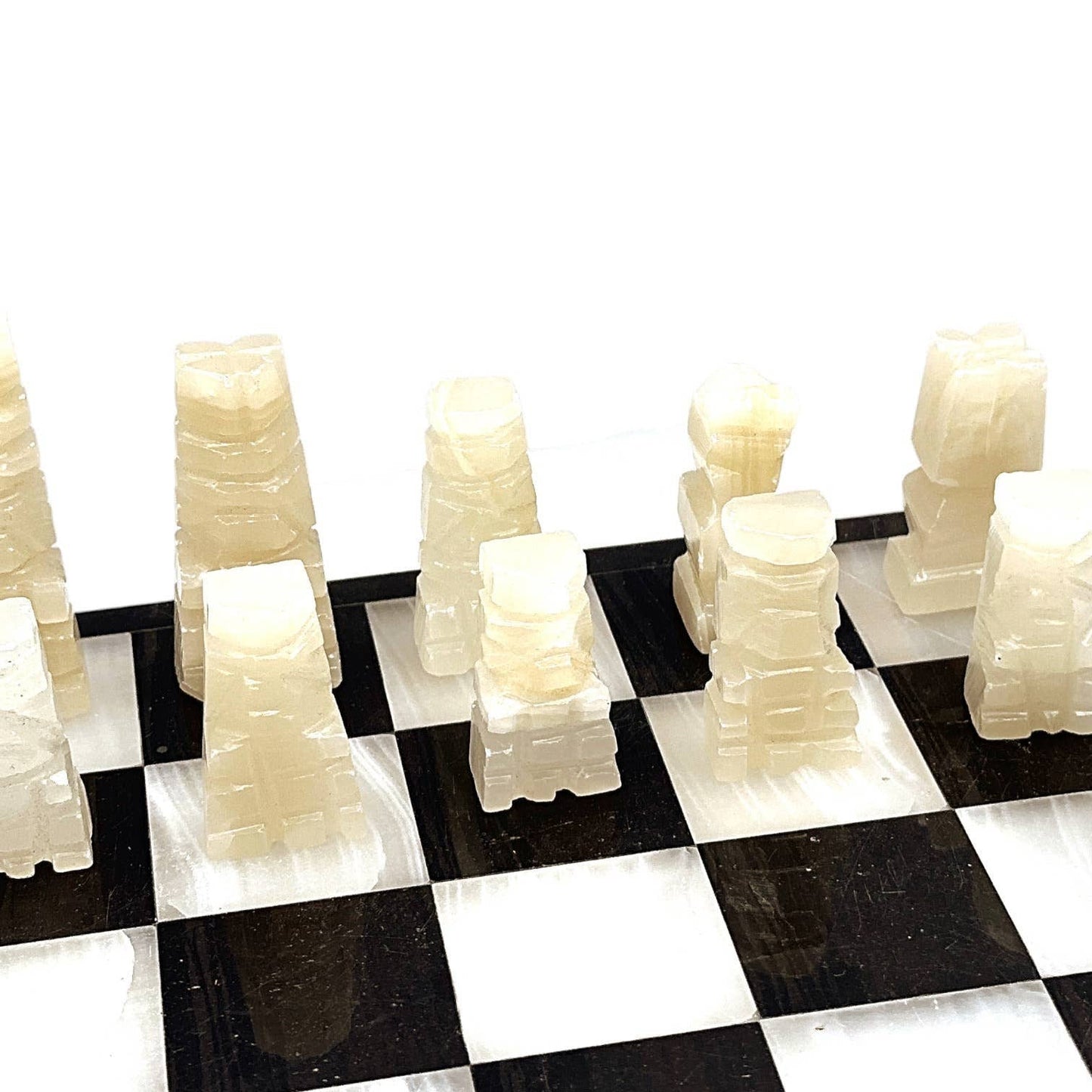 Vintage Stone Chess Pieces & Board - Alabaster Pieces - Black and White