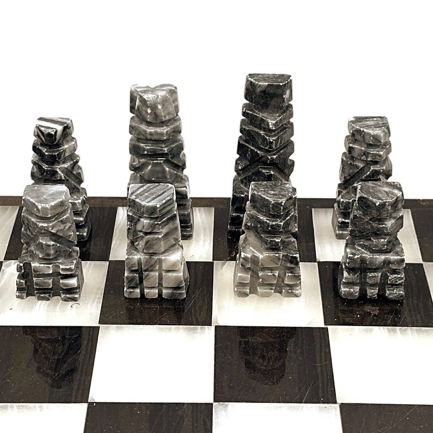 Vintage Stone Chess Pieces & Board - Alabaster Pieces - Black and White