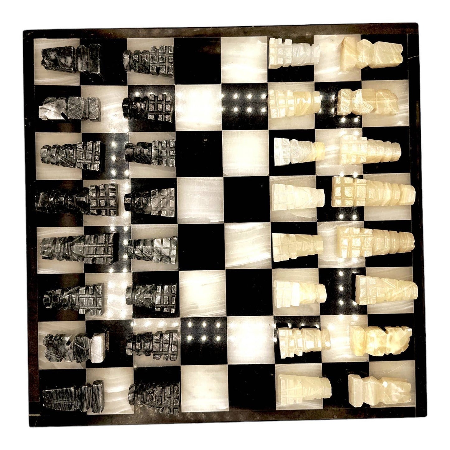 Vintage Stone Chess Pieces & Board - Alabaster Pieces - Black and White