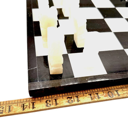 Vintage Stone Chess Pieces & Board - Alabaster Pieces - Black and White