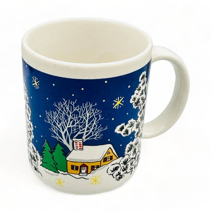 Vintage Christmas Mug - Snowy Cabin / Church Scene