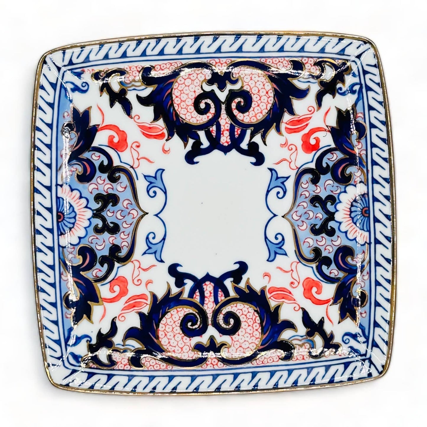 Blue Chinoiserie with Red Accent Gold Rimmed Plate - 7.25" Square