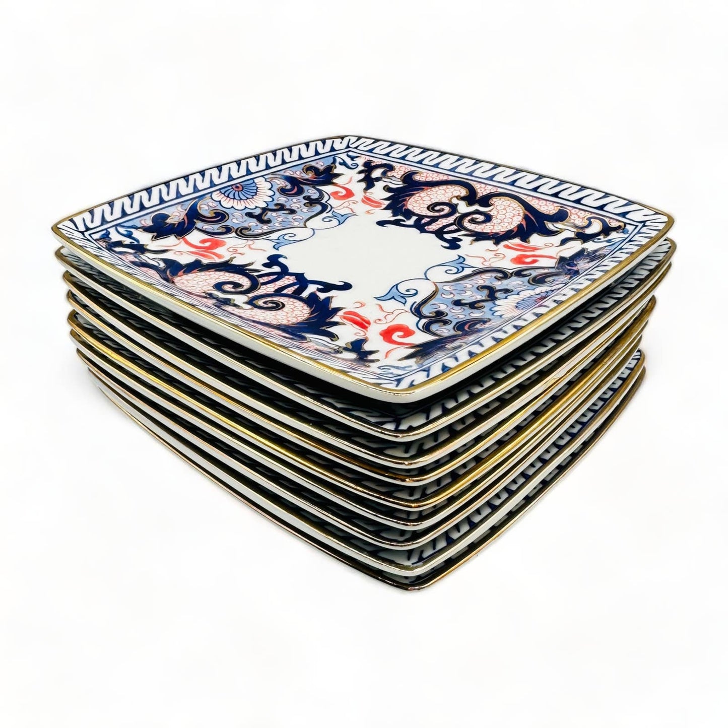 Blue Chinoiserie with Red Accent Gold Rimmed Plate - 7.25" Square