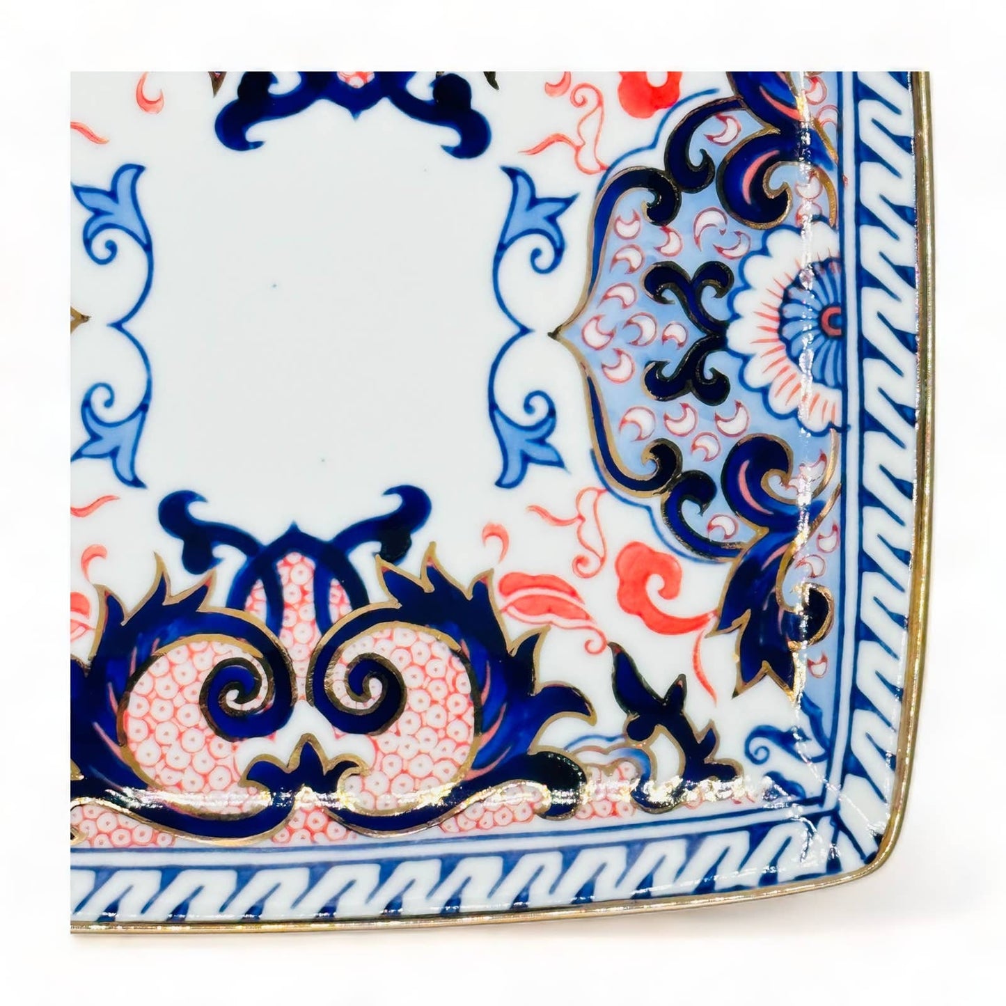 Blue Chinoiserie with Red Accent Gold Rimmed Plate - 7.25" Square