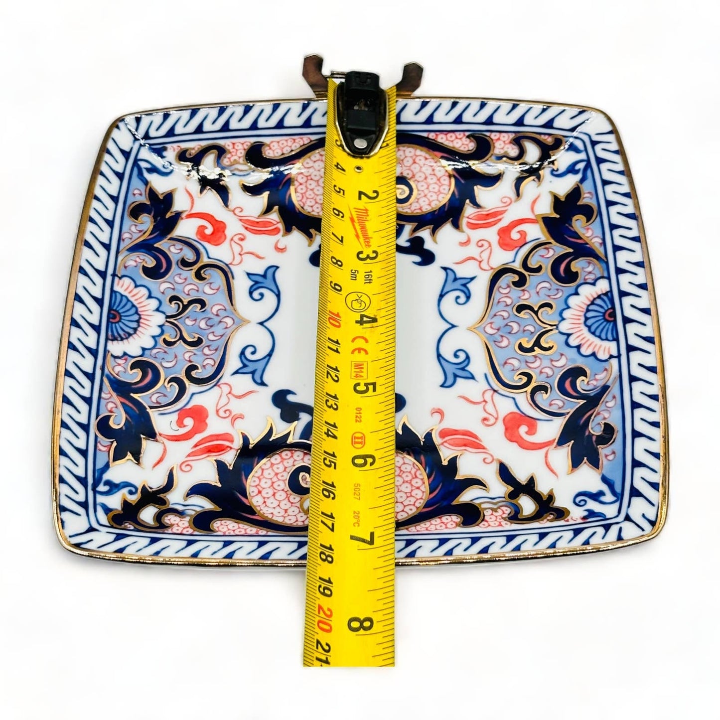 Blue Chinoiserie with Red Accent Gold Rimmed Plate - 7.25" Square