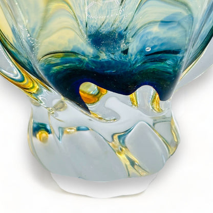 Stunning MCM 1960s Art Glass Bohemian Basket Bowl by Egermann Glass Czechoslovakia in vibrant blue and yellow hues.