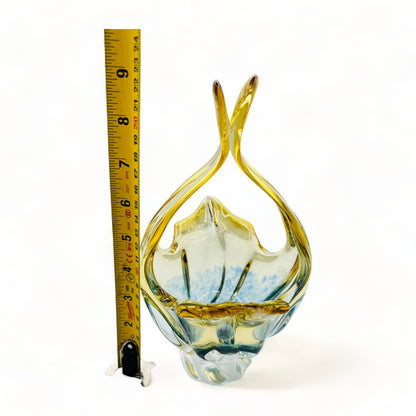 Exquisite MCM 1960s Art Glass Bohemian Basket Bowl by Egermann Glass Czechoslovakia in blue and yellow hues.