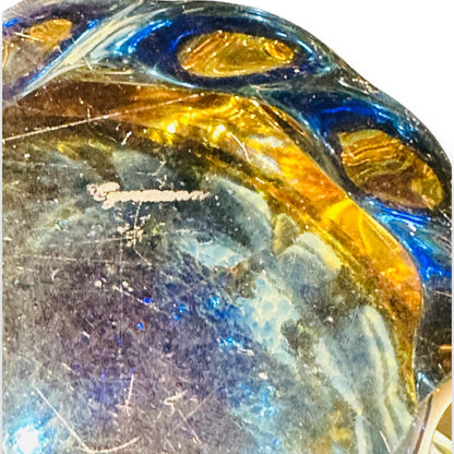 MCM 1960s Art Glass Bohemian Basket Bowl by Egermann Glass Czechoslovakia in stunning blue and yellow hues.