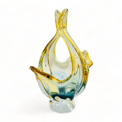 Stunning MCM 1960s Art Glass Bohemian Basket Bowl by Egermann Glass Czechoslovakia in blue and yellow hues.