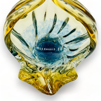 Exquisite MCM 1960s Art Glass Bohemian Basket Bowl by Egermann Glass Czechoslovakia in vibrant blue and yellow hues.