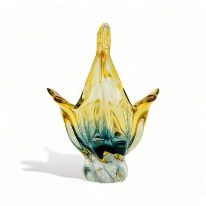 Exquisite MCM 1960s Art Glass Bohemian Basket Bowl by Egermann Glass Czechoslovakia in blue and yellow hues.