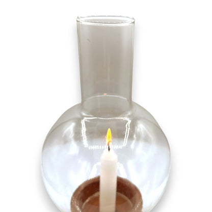 Vintage MCM Modern Minimalist Teak / Glass Hurricane Lamp / Candle Holder