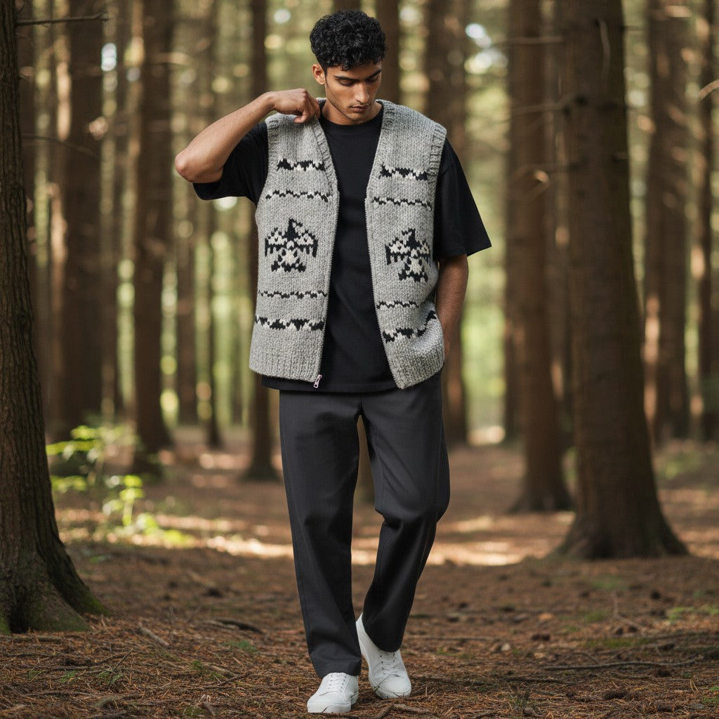 Handmade Cowichan Wool Vest with Eagles - Vintage - Men’s XL