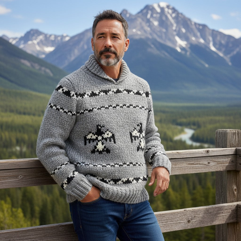 Handmade Cowichan Wool Sweater With Eagles - Mens - X-Large Vintage