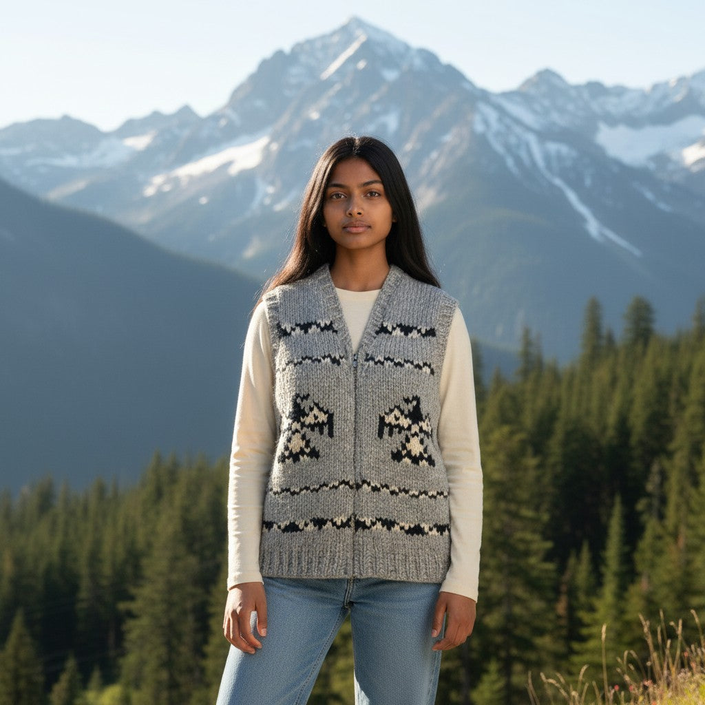 Handmade Cowichan Wool Sweater Vest With Eagle Pattern - Vintage - Womens Small